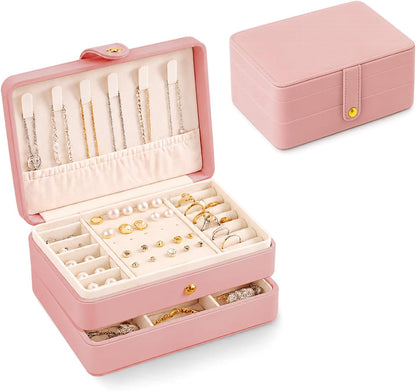 Jewelry Box for Women Girls Pink Jewelry Organizer 2-Layer PU Leather Jewelry Storage Case for Earrings Rings Necklace Jewelry Holder Case Gift (Pink)