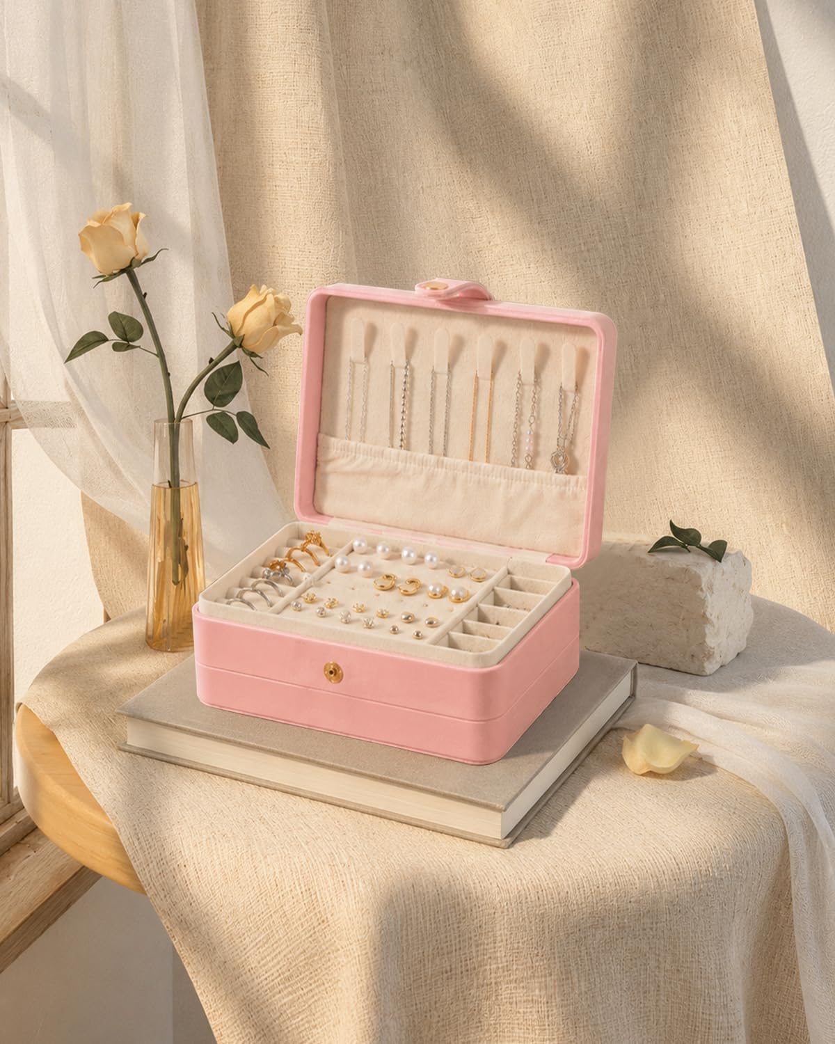 Jewelry Box for Women Girls Pink Jewelry Organizer 2-Layer PU Leather Jewelry Storage Case for Earrings Rings Necklace Jewelry Holder Case Gift (Pink)