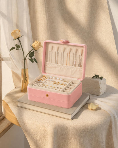 Jewelry Box for Women Girls Pink Jewelry Organizer 2-Layer PU Leather Jewelry Storage Case for Earrings Rings Necklace Jewelry Holder Case Gift (Pink)