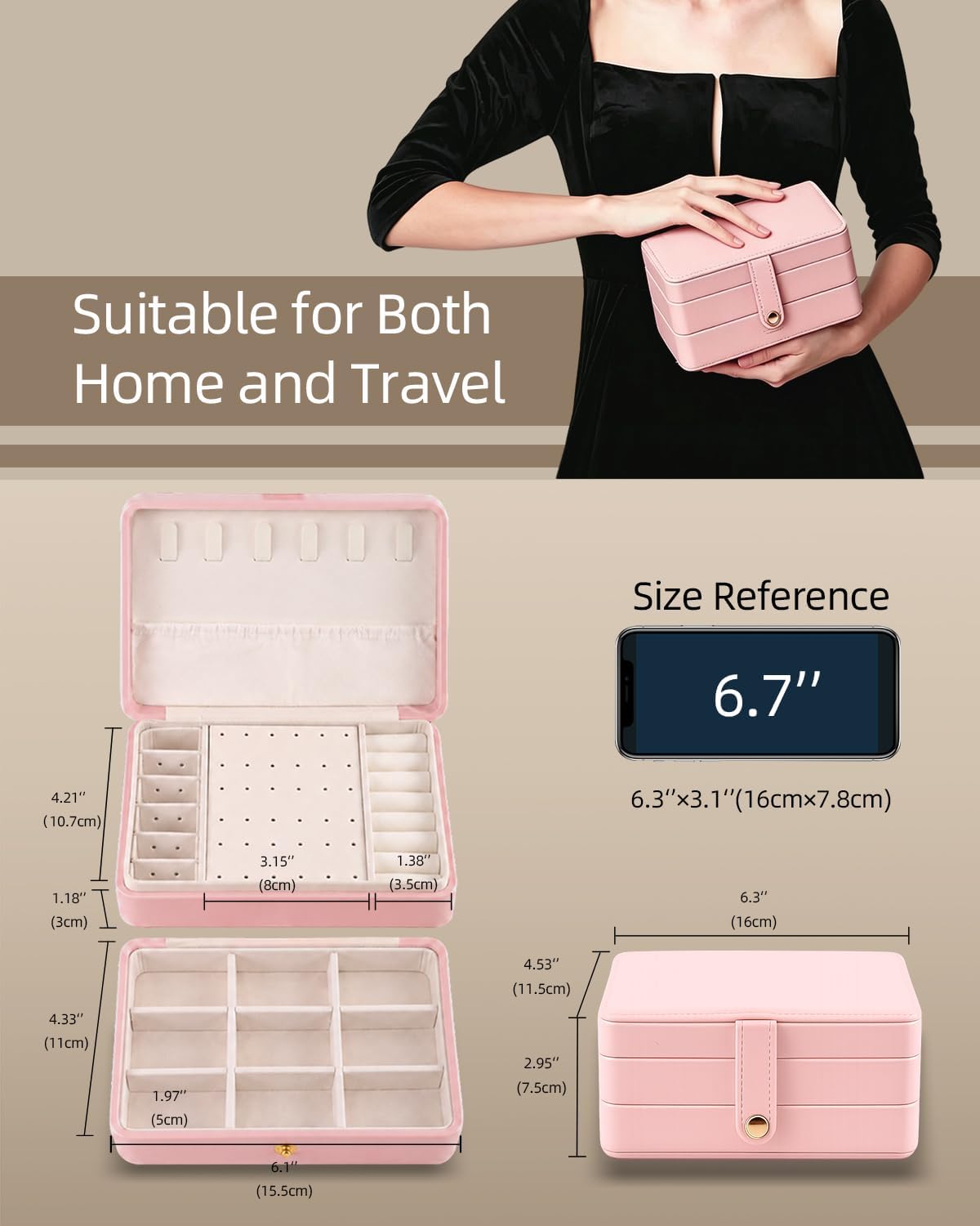 Jewelry Box for Women Girls Pink Jewelry Organizer 2-Layer PU Leather Jewelry Storage Case for Earrings Rings Necklace Jewelry Holder Case Gift (Pink)