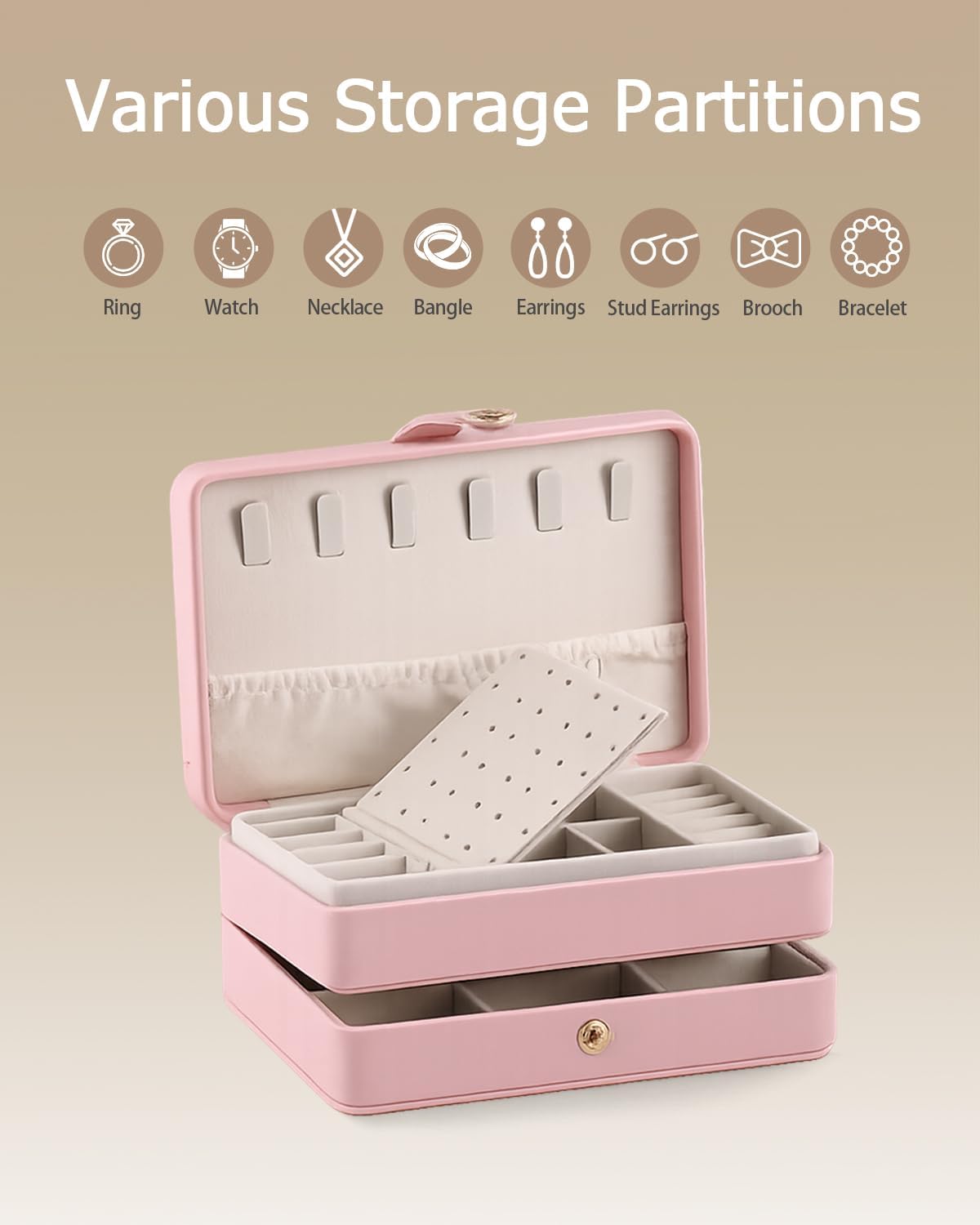 Jewelry Box for Women Girls Pink Jewelry Organizer 2-Layer PU Leather Jewelry Storage Case for Earrings Rings Necklace Jewelry Holder Case Gift (Pink)