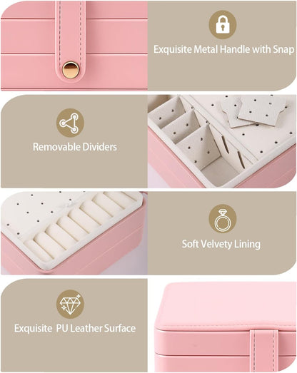 Jewelry Box for Women Girls Pink Jewelry Organizer 2-Layer PU Leather Jewelry Storage Case for Earrings Rings Necklace Jewelry Holder Case Gift (Pink)