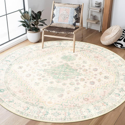 Round Rugs 5ft Circle Area Rug Washable Boho Low Pile Pink and Green