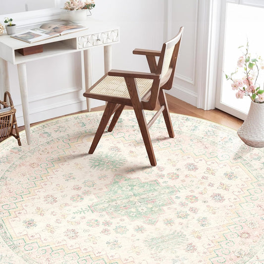 Round Rugs 5ft Circle Area Rug Washable Boho Low Pile Pink and Green