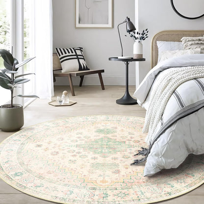 Round Rugs 5ft Circle Area Rug Washable Boho Low Pile Pink and Green