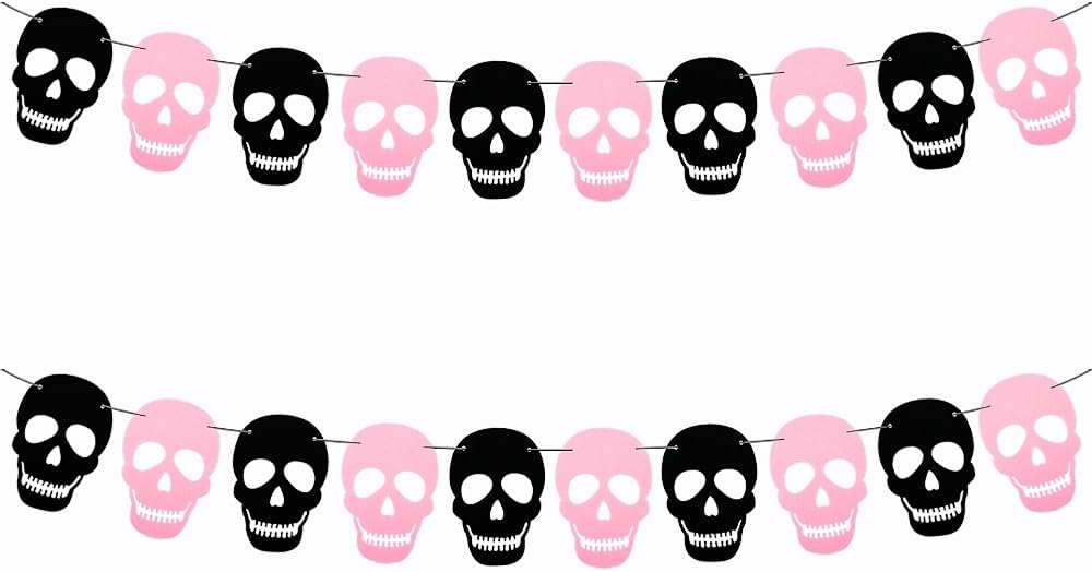 2 Pack Black Pink Skull Garland Banner Felt Skeleton Garland Halloween Banner for DIY Gothic Decorations Halloween Home Decor