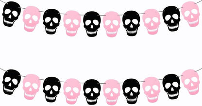 2 Pack Black Pink Skull Garland Banner Felt Skeleton Garland Halloween Banner for DIY Gothic Decorations Halloween Home Decor