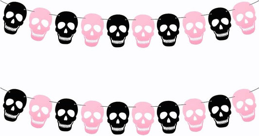 2 Pack Black Pink Skull Garland Banner Felt Skeleton Garland Halloween Banner for DIY Gothic Decorations Halloween Home Decor