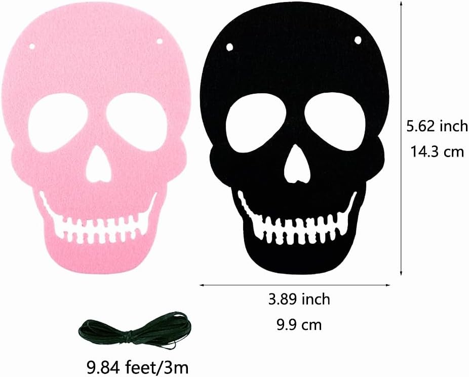 2 Pack Black Pink Skull Garland Banner Felt Skeleton Garland Halloween Banner for DIY Gothic Decorations Halloween Home Decor