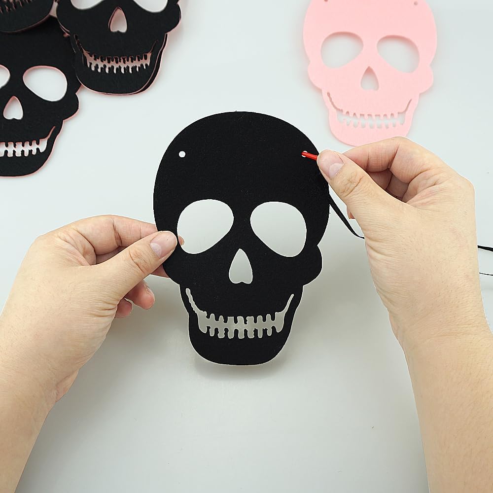 2 Pack Black Pink Skull Garland Banner Felt Skeleton Garland Halloween Banner for DIY Gothic Decorations Halloween Home Decor