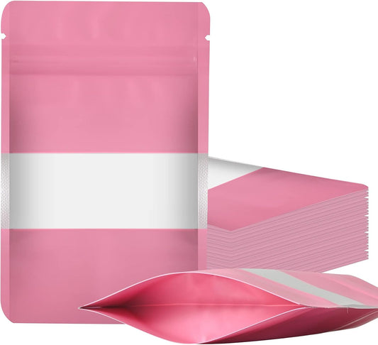 100 Pieces Smell Proof Mylar Resealable Food Storage Bags With Clear Window, Foil Pouch Stand-up for Self Sealing Supplies (Pink, 3.5 x 5 Inch)