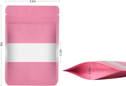100 Pieces Smell Proof Mylar Resealable Food Storage Bags With Clear Window, Foil Pouch Stand-up for Self Sealing Supplies (Pink, 3.5 x 5 Inch)