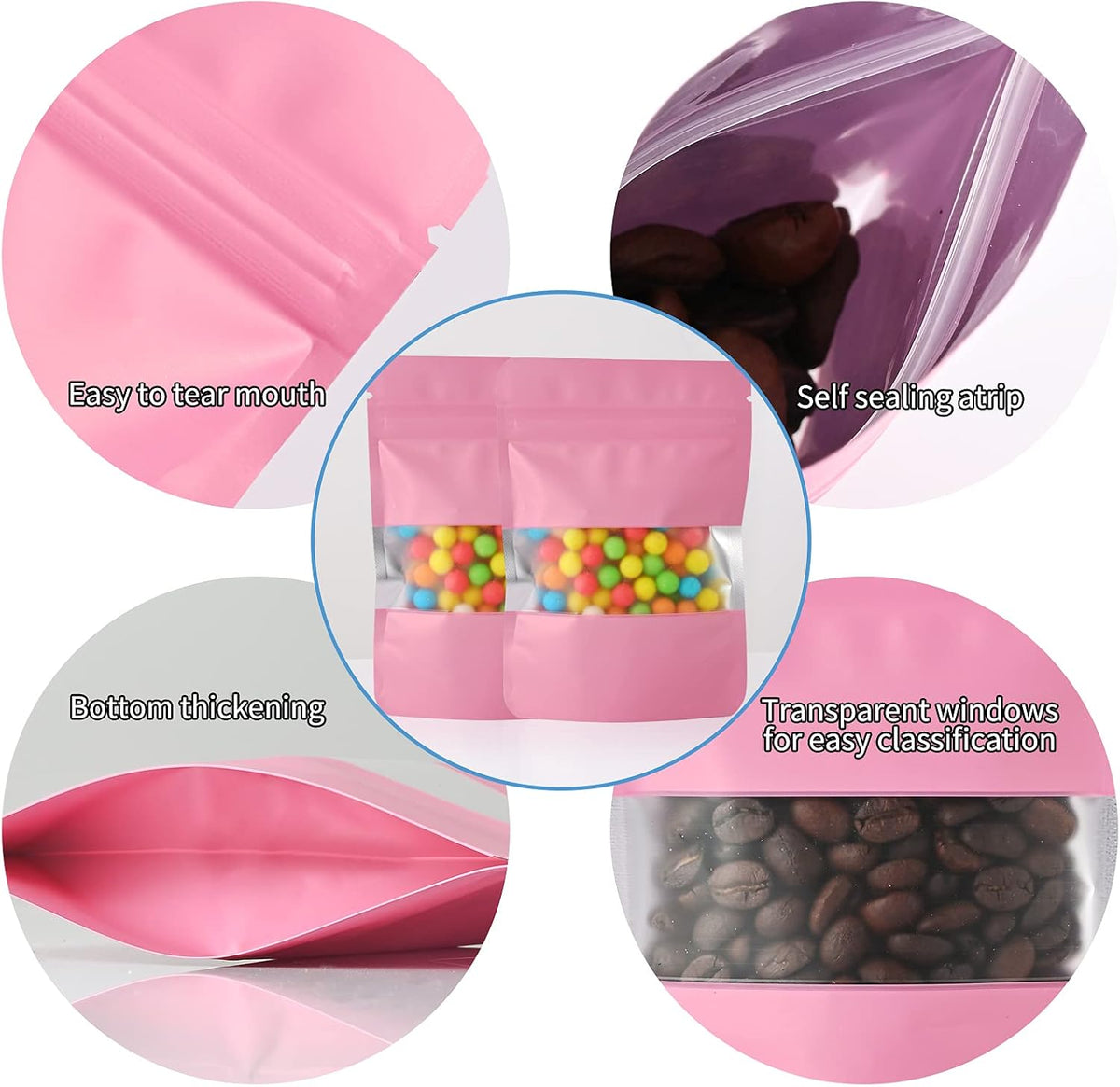 100 Pieces Smell Proof Mylar Resealable Food Storage Bags With Clear Window, Foil Pouch Stand-up for Self Sealing Supplies (Pink, 3.5 x 5 Inch)