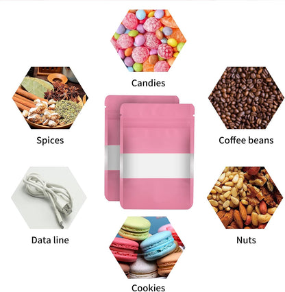 100 Pieces Smell Proof Mylar Resealable Food Storage Bags With Clear Window, Foil Pouch Stand-up for Self Sealing Supplies (Pink, 3.5 x 5 Inch)