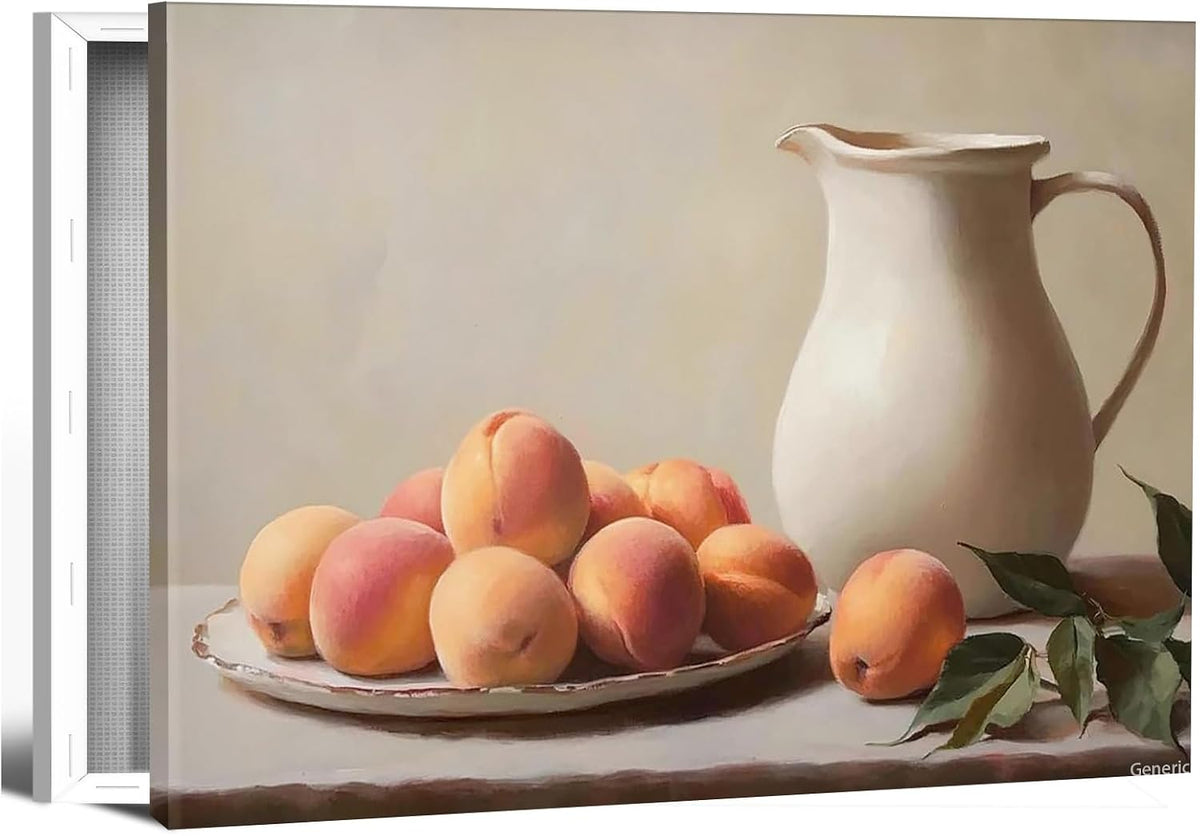 Canvas Painting Wall Mural Print Antique Fruit Bowl Peach Print Kitchen Still Life Wall Art Kitchen and Dining Room Decoration 8x10inch with Frame