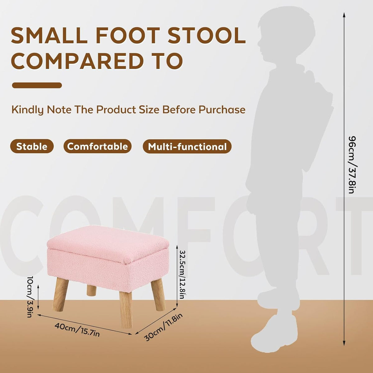 Storage Ottoman, Small Foot Stool Ottoman with Storage, Teddy Velvet Foot Rest with Wood Legs, Footstool for Living Room, Bedroom, Entryway, Pink