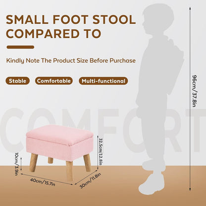 Storage Ottoman, Small Foot Stool Ottoman with Storage, Teddy Velvet Foot Rest with Wood Legs, Footstool for Living Room, Bedroom, Entryway, Pink