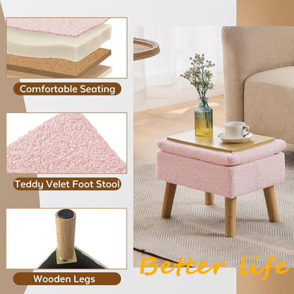 Storage Ottoman, Small Foot Stool Ottoman with Storage, Teddy Velvet Foot Rest with Wood Legs, Footstool for Living Room, Bedroom, Entryway, Pink