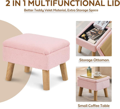 Storage Ottoman, Small Foot Stool Ottoman with Storage, Teddy Velvet Foot Rest with Wood Legs, Footstool for Living Room, Bedroom, Entryway, Pink