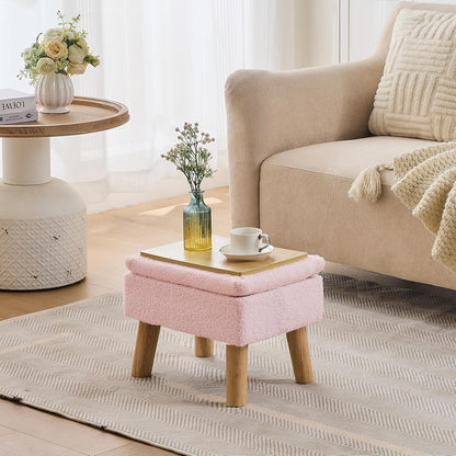 Storage Ottoman, Small Foot Stool Ottoman with Storage, Teddy Velvet Foot Rest with Wood Legs, Footstool for Living Room, Bedroom, Entryway, Pink