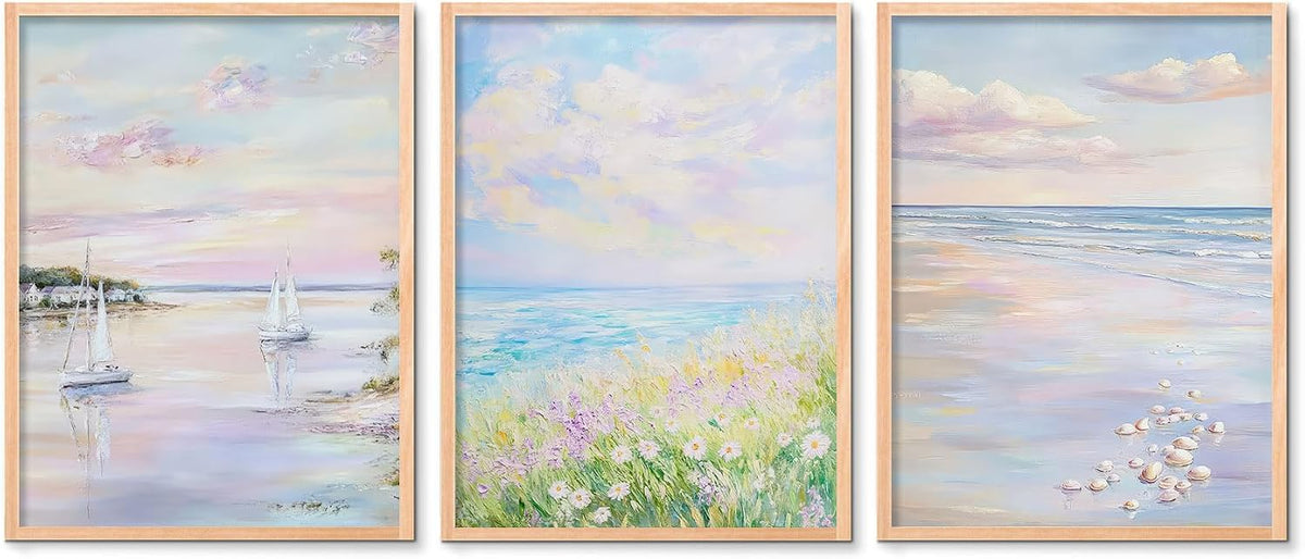 Coastal Beach Wall Art Set of 3 Pastel Pink Blue Preppy Posters Coastal Canvas Pictures Impressionist Ocean Prints Nautical Decor for Calming Bedroom Living Room 12x16 in Unframed