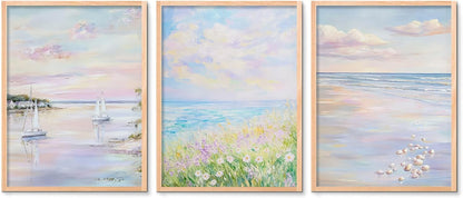 Coastal Beach Wall Art Set of 3 Pastel Pink Blue Preppy Posters Coastal Canvas Pictures Impressionist Ocean Prints Nautical Decor for Calming Bedroom Living Room 12x16 in Unframed