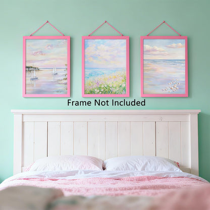 Coastal Beach Wall Art Set of 3 Pastel Pink Blue Preppy Posters Coastal Canvas Pictures Impressionist Ocean Prints Nautical Decor for Calming Bedroom Living Room 12x16 in Unframed
