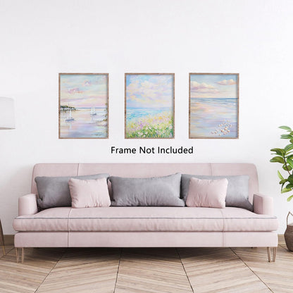 Coastal Beach Wall Art Set of 3 Pastel Pink Blue Preppy Posters Coastal Canvas Pictures Impressionist Ocean Prints Nautical Decor for Calming Bedroom Living Room 12x16 in Unframed