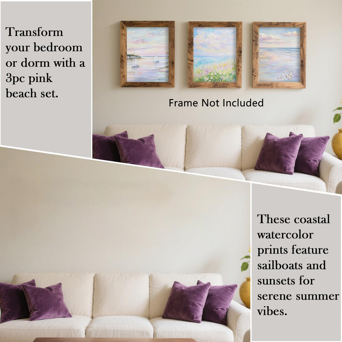 Coastal Beach Wall Art Set of 3 Pastel Pink Blue Preppy Posters Coastal Canvas Pictures Impressionist Ocean Prints Nautical Decor for Calming Bedroom Living Room 12x16 in Unframed
