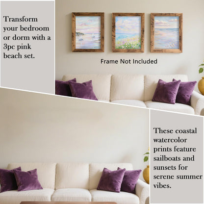 Coastal Beach Wall Art Set of 3 Pastel Pink Blue Preppy Posters Coastal Canvas Pictures Impressionist Ocean Prints Nautical Decor for Calming Bedroom Living Room 12x16 in Unframed
