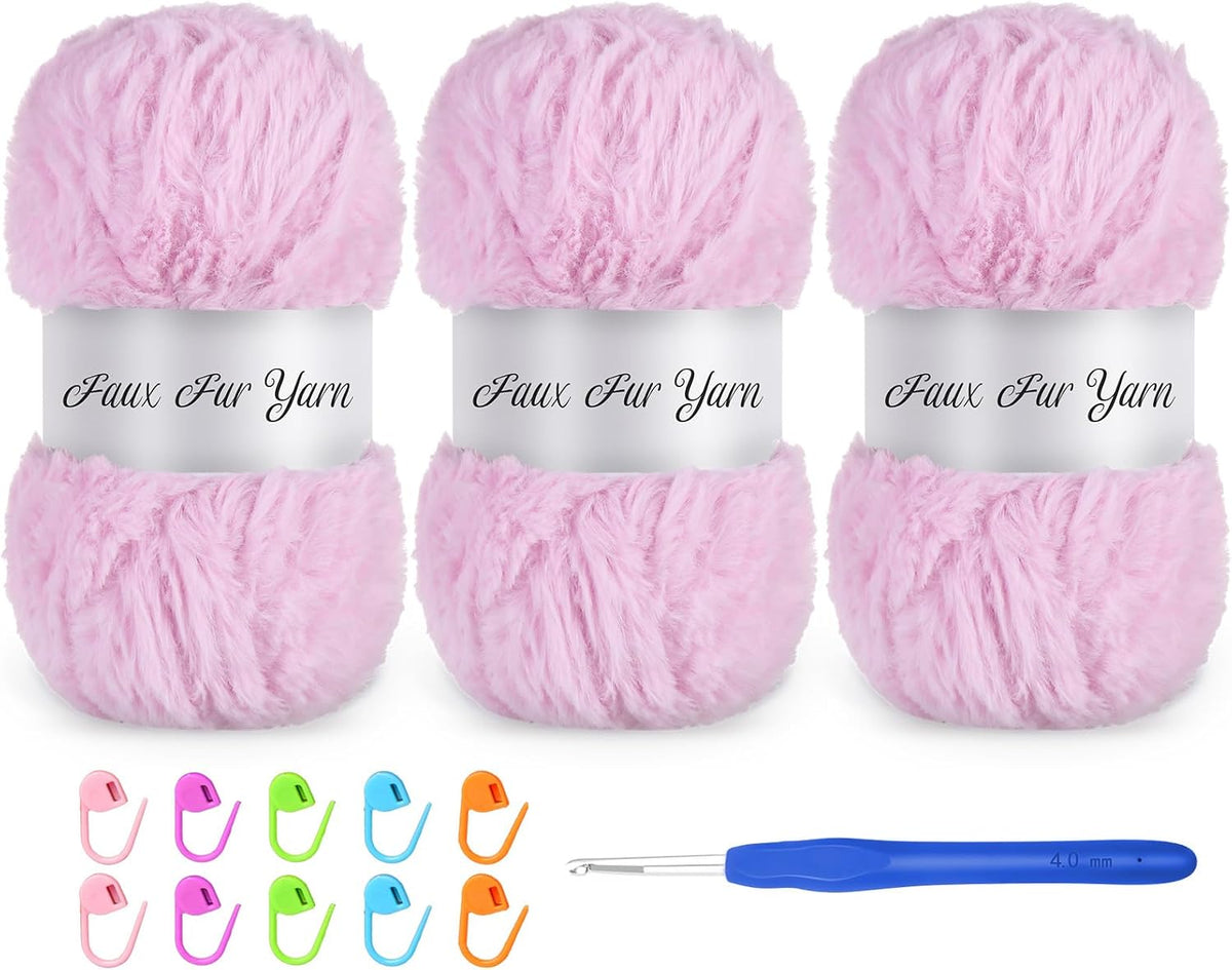 3 Skeins Faux Fur Yarn Soft Fluffy for Crocheting,Chunky Fuzzy Eyelash Yarn for Crochet Hats, Scarves, Bags, Cushions(Pink)