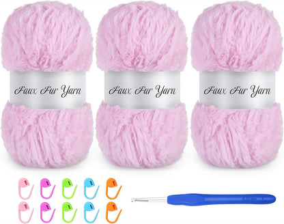 3 Skeins Faux Fur Yarn Soft Fluffy for Crocheting,Chunky Fuzzy Eyelash Yarn for Crochet Hats, Scarves, Bags, Cushions(Pink)