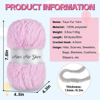 3 Skeins Faux Fur Yarn Soft Fluffy for Crocheting,Chunky Fuzzy Eyelash Yarn for Crochet Hats, Scarves, Bags, Cushions(Pink)