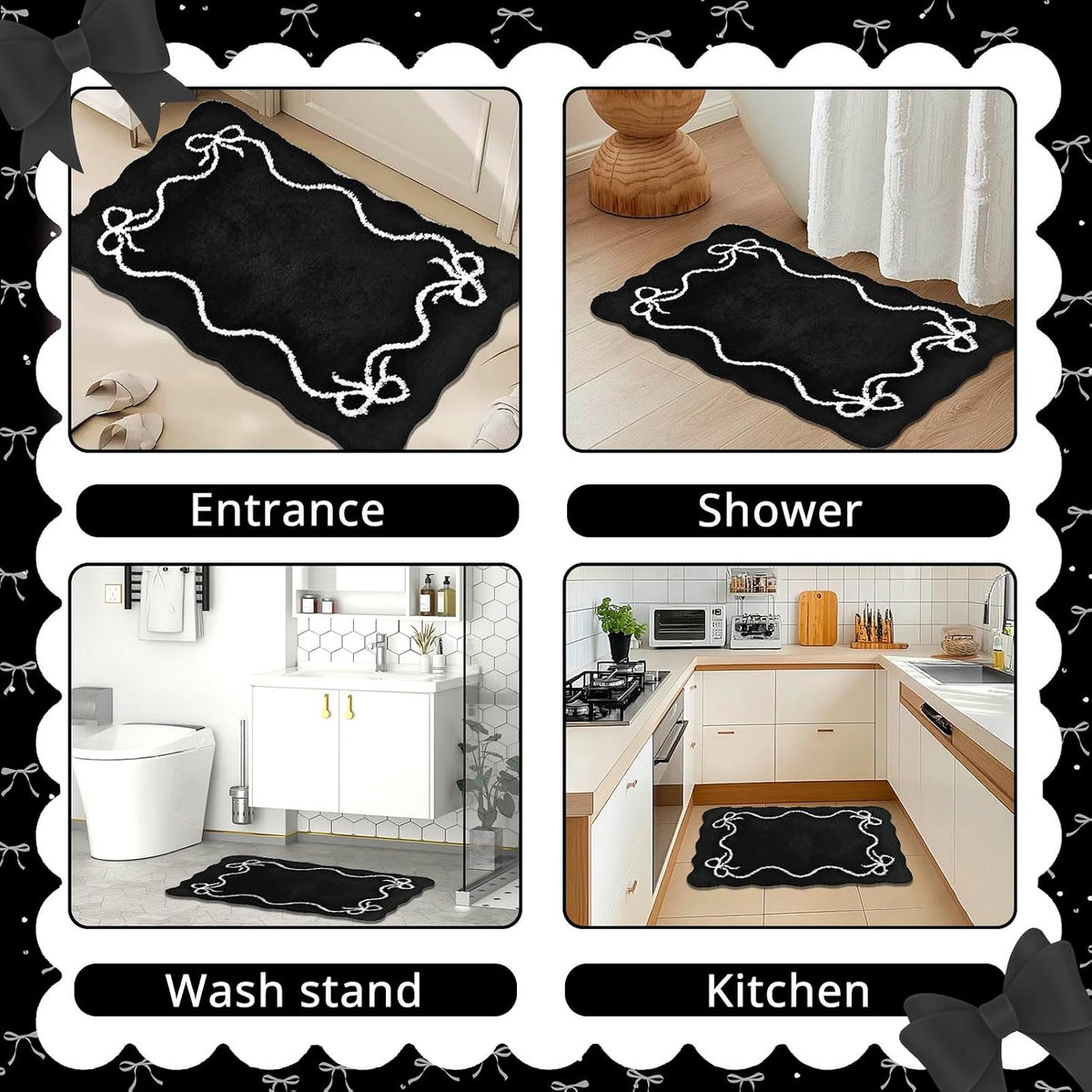 Black Bow Bath Mat Cute Bow Bathroom Rug Super Soft Absorbent Bathroom Rugs Non Slip Bath Mat Machine Washable Rug for Bathrooms 20x32 inches (Black, 50x80cm)