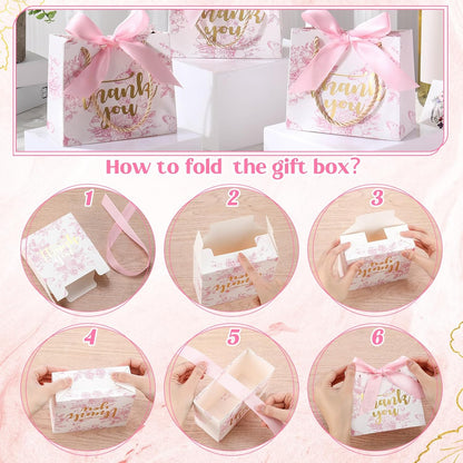 Kolldenn 40 Pcs Small Thank You Floral Gift Bags 5.5''x 2.4''x 4.7'' Pink White Paper Party Favor Bag with Handle Chinoiserie Floral Bag Bulk with Ribbon for Wedding Birthday Bridal Baby Shower
