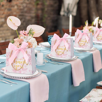 Kolldenn 40 Pcs Small Thank You Floral Gift Bags 5.5''x 2.4''x 4.7'' Pink White Paper Party Favor Bag with Handle Chinoiserie Floral Bag Bulk with Ribbon for Wedding Birthday Bridal Baby Shower