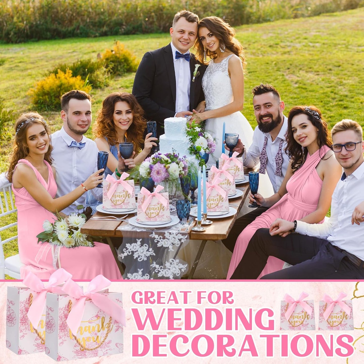 Kolldenn 40 Pcs Small Thank You Floral Gift Bags 5.5''x 2.4''x 4.7'' Pink White Paper Party Favor Bag with Handle Chinoiserie Floral Bag Bulk with Ribbon for Wedding Birthday Bridal Baby Shower