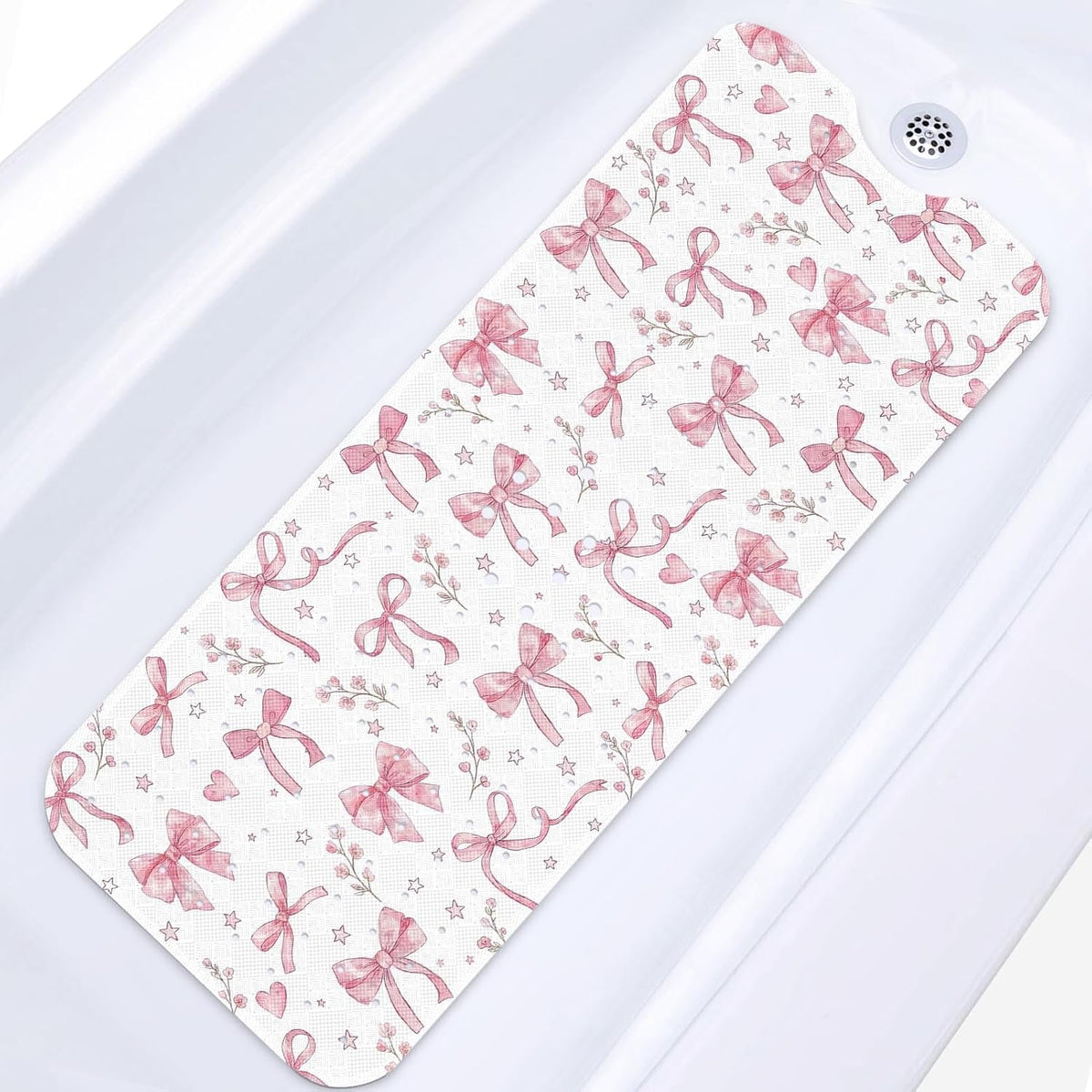Bathtub Shower Mat 40X16 Inch, Non-Slip, for Toddler, Pink Bow