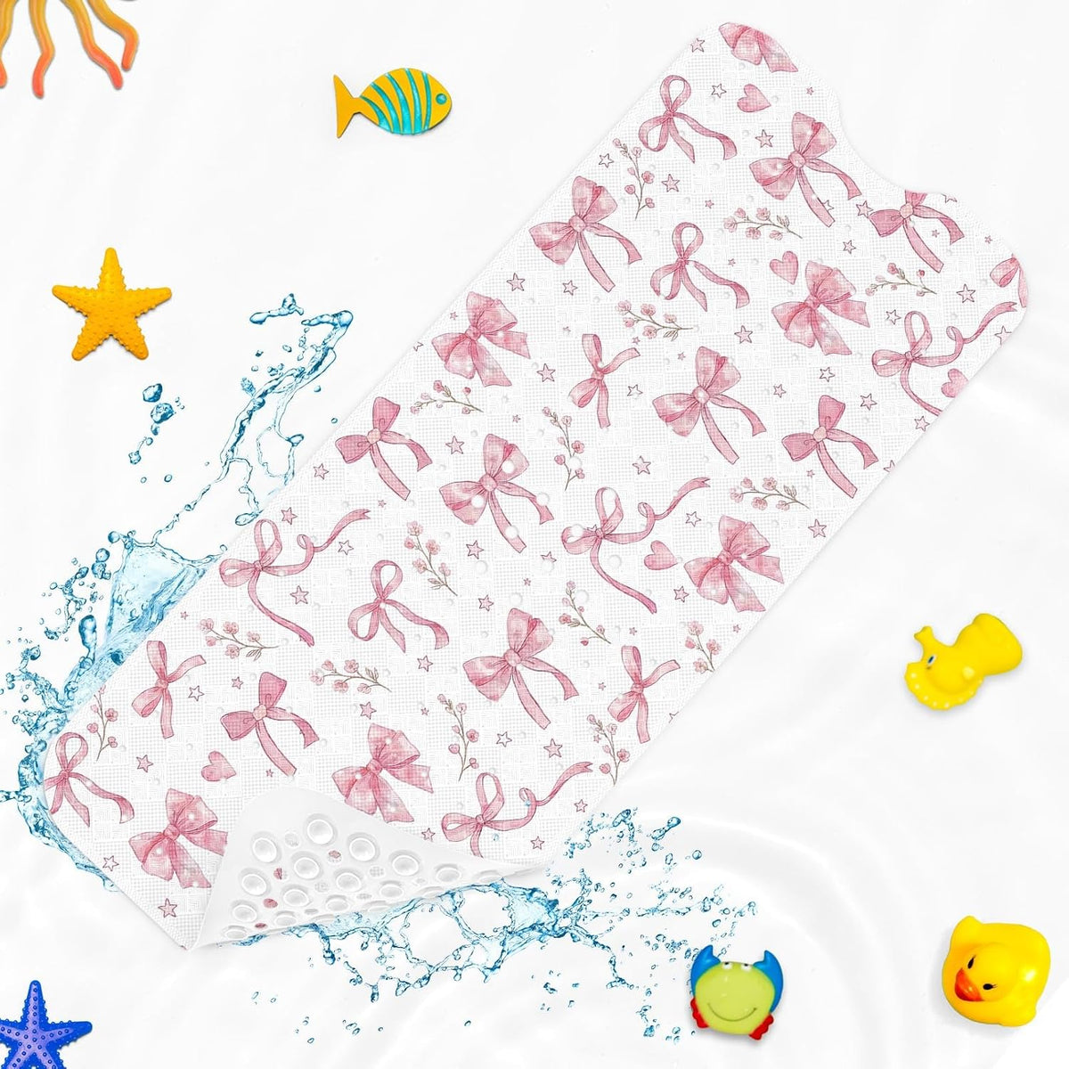 Bathtub Shower Mat 40X16 Inch, Non-Slip, for Toddler, Pink Bow