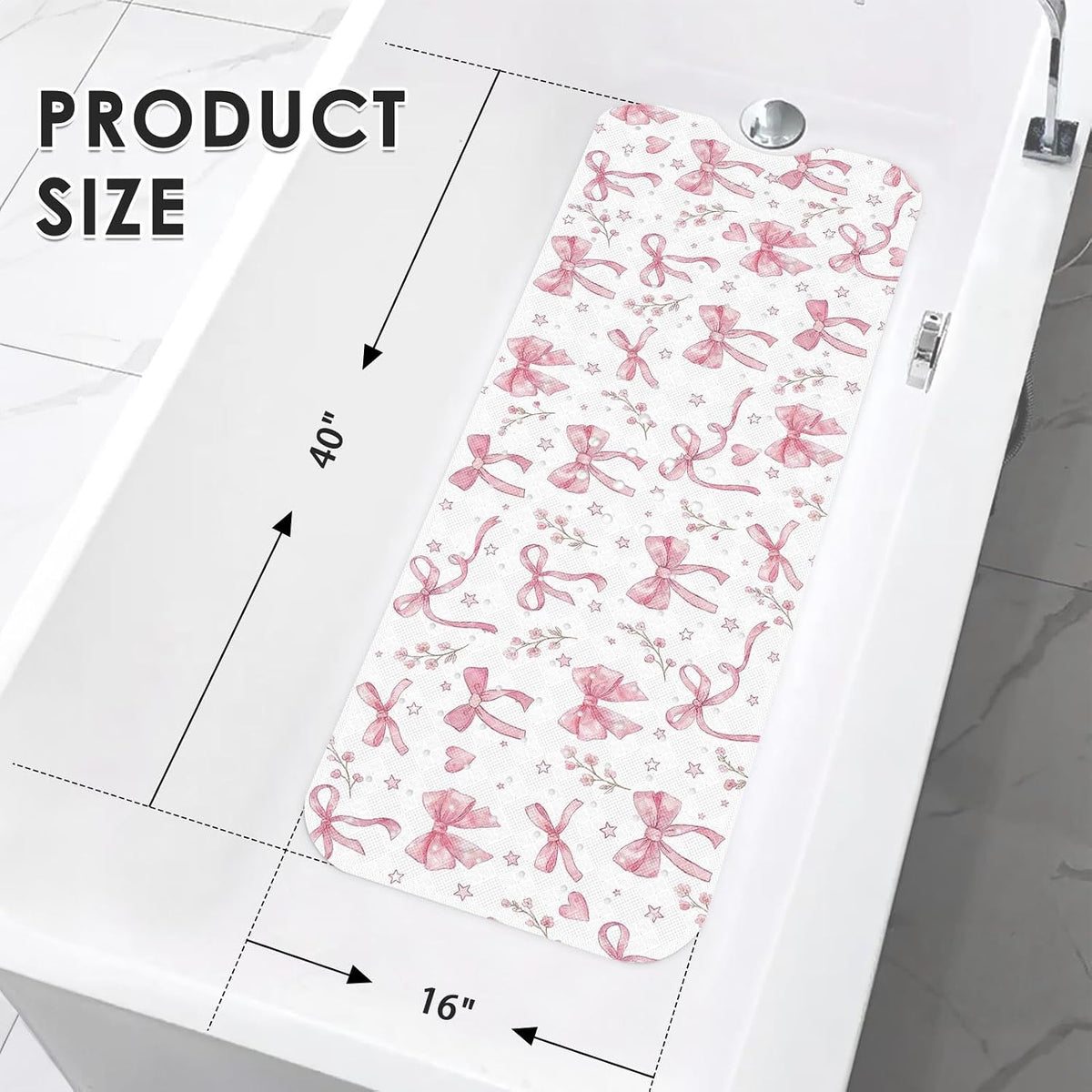 Bathtub Shower Mat 40X16 Inch, Non-Slip, for Toddler, Pink Bow