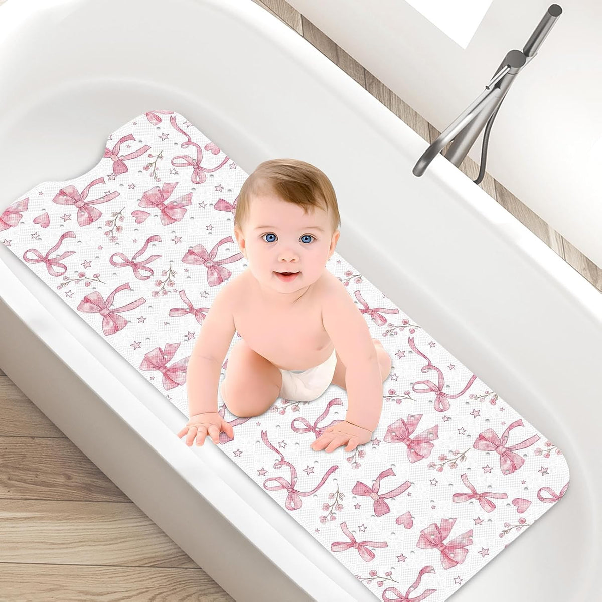 Bathtub Shower Mat 40X16 Inch, Non-Slip, for Toddler, Pink Bow