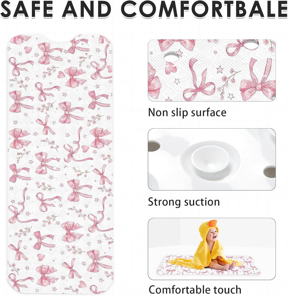 Bathtub Shower Mat 40X16 Inch, Non-Slip, for Toddler, Pink Bow
