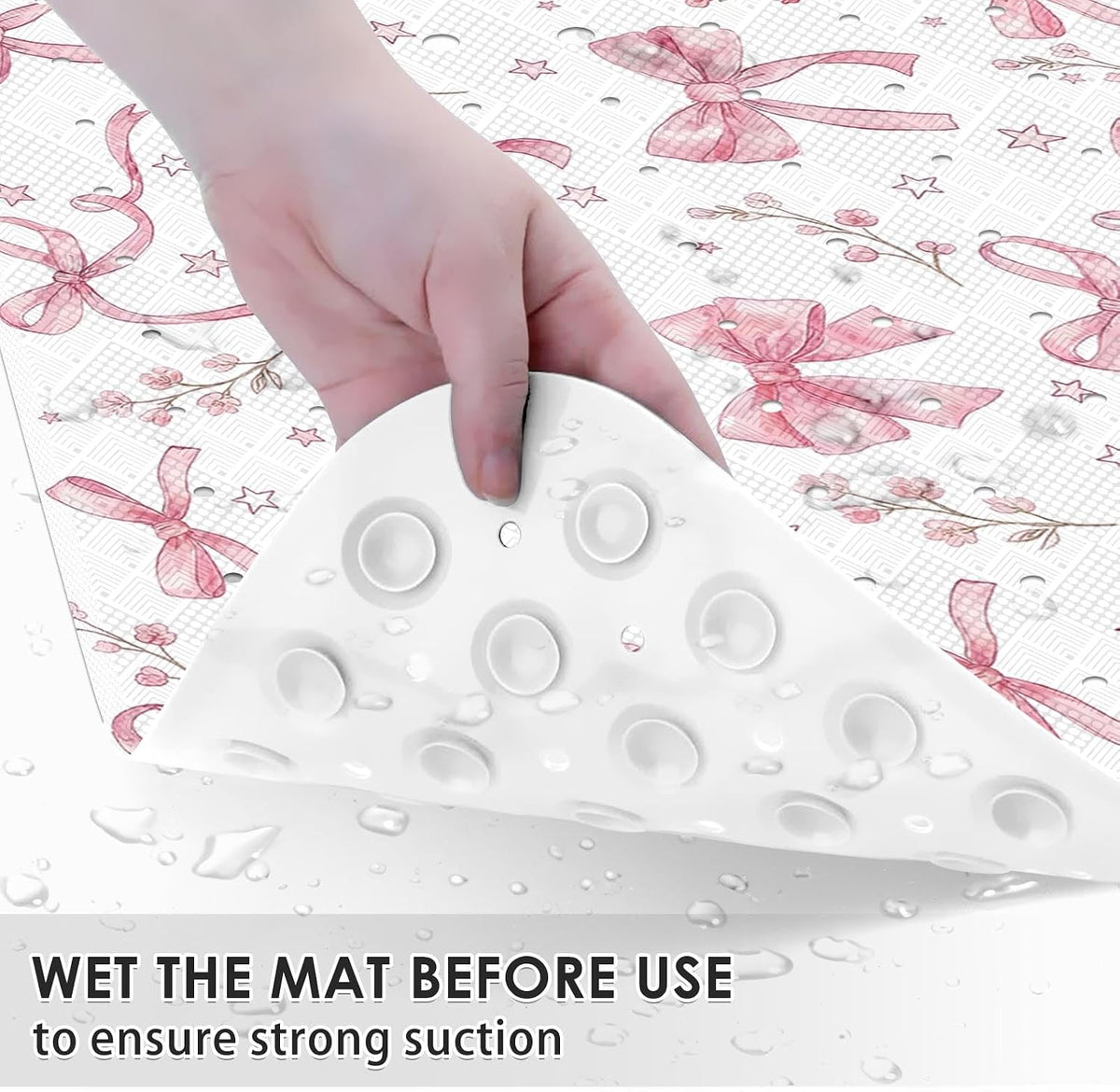 Bathtub Shower Mat 40X16 Inch, Non-Slip, for Toddler, Pink Bow