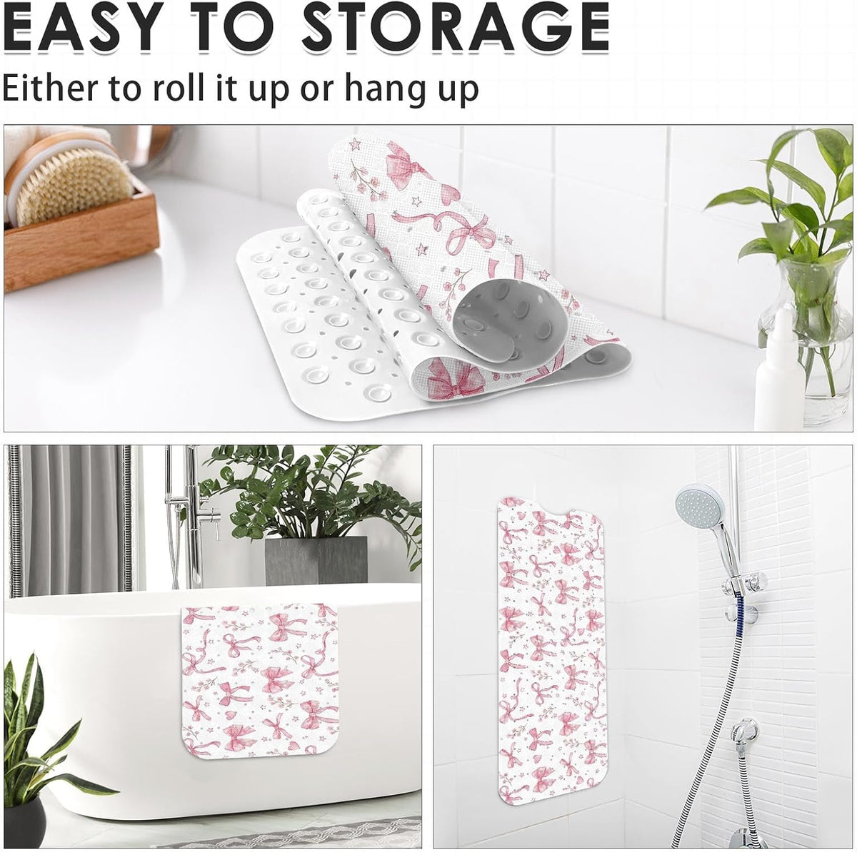Bathtub Shower Mat 40X16 Inch, Non-Slip, for Toddler, Pink Bow