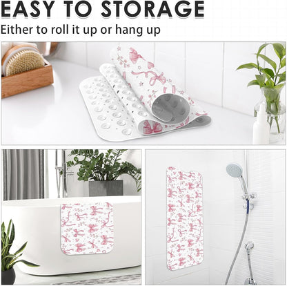 Bathtub Shower Mat 40X16 Inch, Non-Slip, for Toddler, Pink Bow