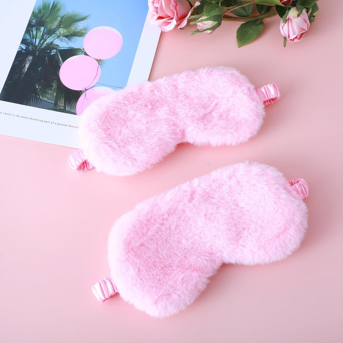 2pcs Pink Plush Fur Satin Sleep Masks for Kids, Women & Men, Adjustable, Lightweight & Portable, Shading, Breathable & Comfortable