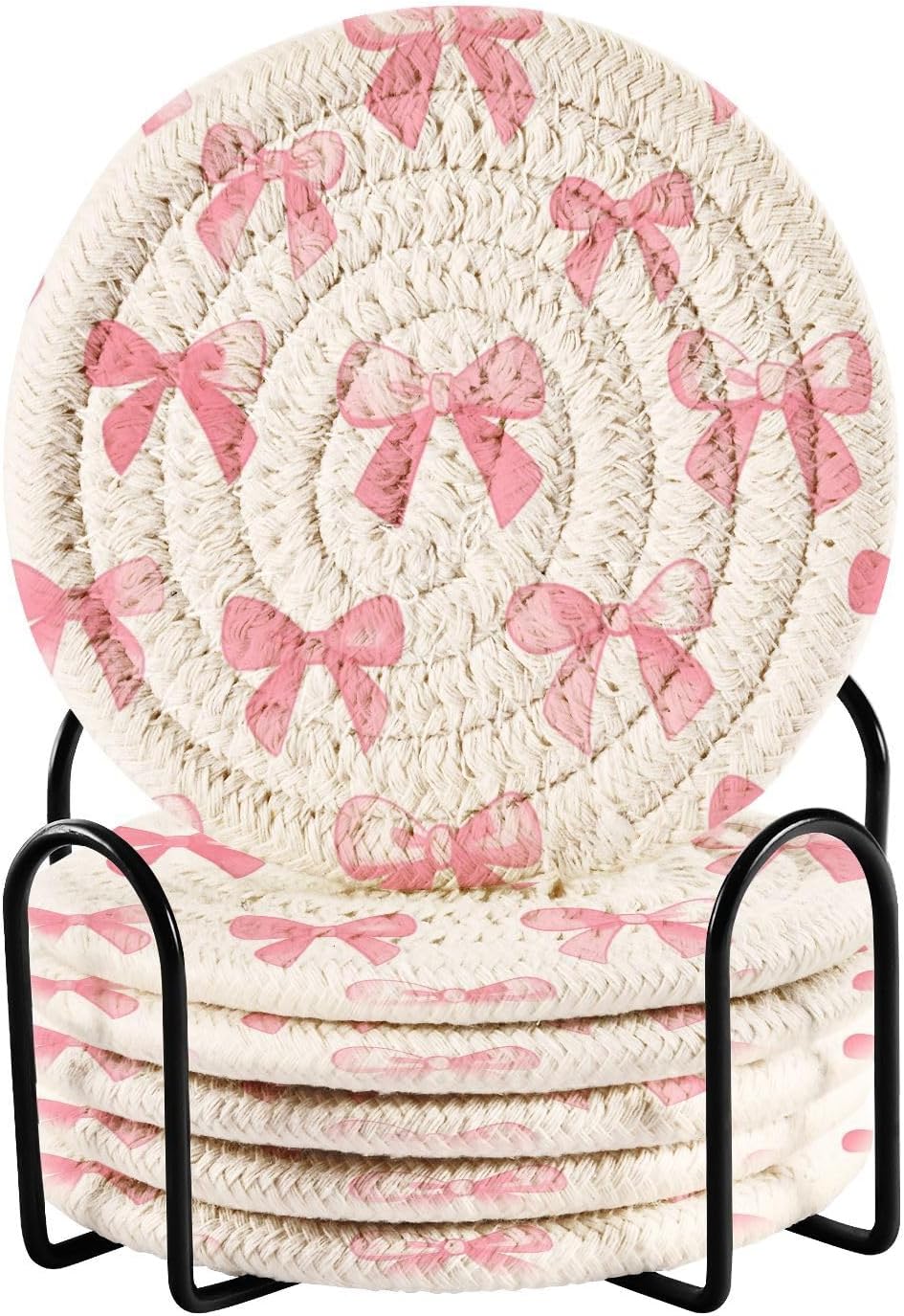 Coasters for Drinks Pink Bows Pattern Absorbing Round Table Mat for Mugs and Cups,Office,Kitchen