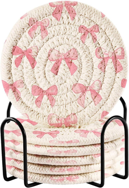 Coasters for Drinks Pink Bows Pattern Absorbing Round Table Mat for Mugs and Cups,Office,Kitchen
