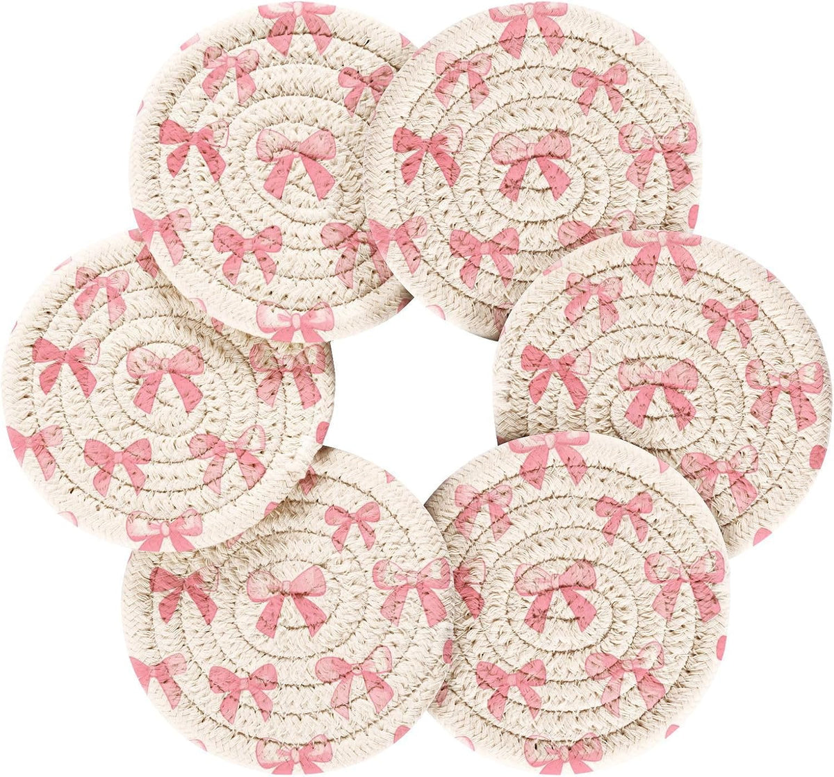 Coasters for Drinks Pink Bows Pattern Absorbing Round Table Mat for Mugs and Cups,Office,Kitchen