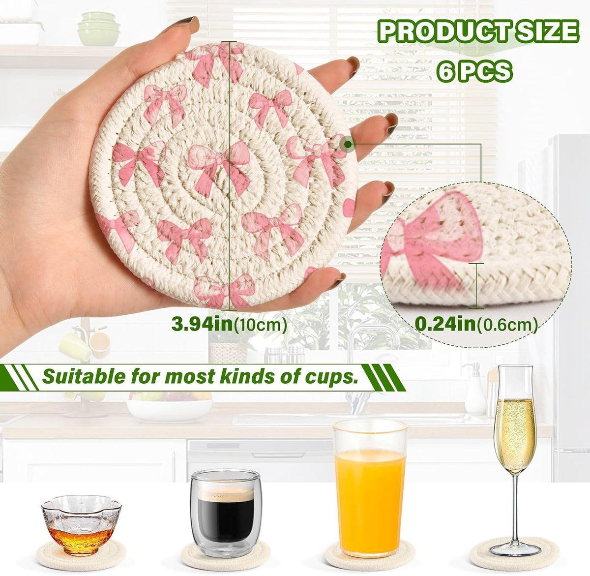 Coasters for Drinks Pink Bows Pattern Absorbing Round Table Mat for Mugs and Cups,Office,Kitchen
